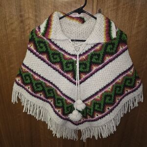 Vintage Handmade Knit Chevron Poncho with Fringe & Pom Poms